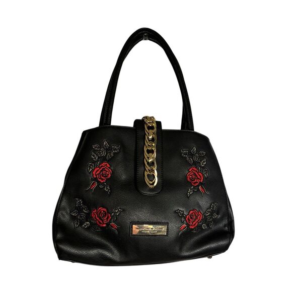 Marc New York (Andrew Marc) Black Handbag With Embroidered Red Roses Gold Hdware - Picture 2 of 10